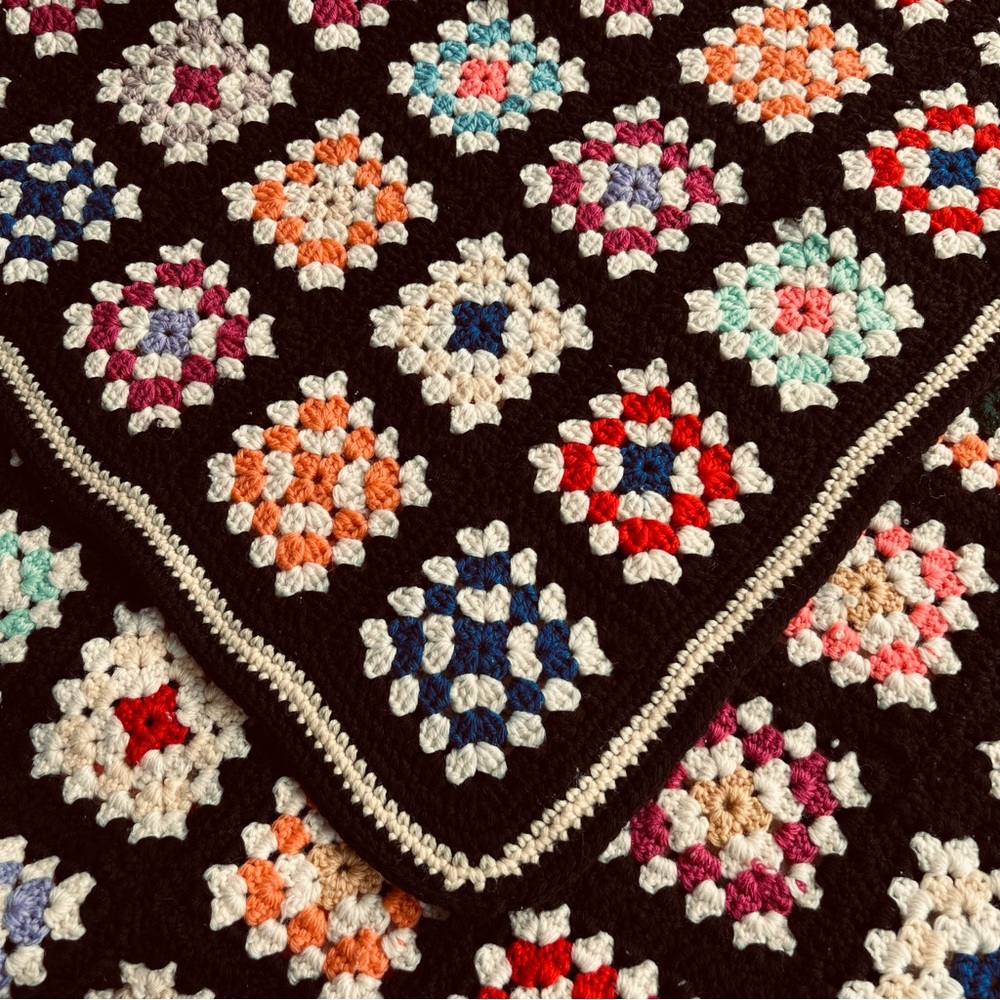 Vintage Hand Crochet Granny Square Blanket 50' x 80"